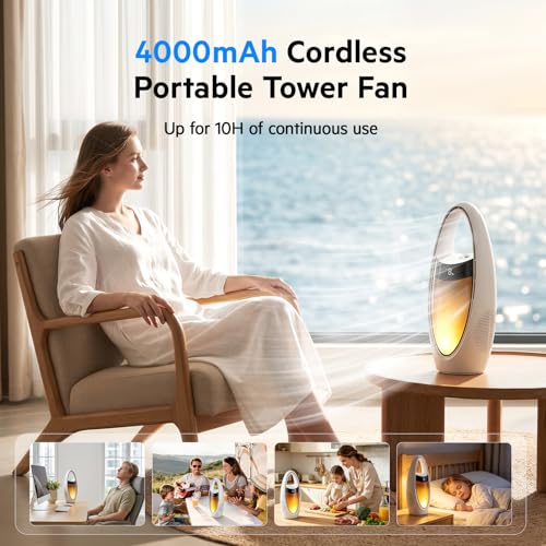 Acemall Ventilador sin Aspas 35cm Portátil Inalámbrico de 4000 mAh Ventilador de Torre con humidificador y 9 Velocidades & luz nocturna y temporizador y 70° Oscilante para dormitorio, oficina, hogar