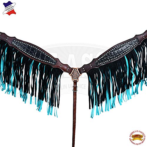 HILASON Western Horse Breast Collar American Leather Crocodile Turquoise Fringes