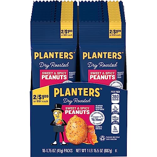 PLANTERS SWEET AND SPICY PEANUTS, DRY ROASTED PEANUTS, SPICY NUTS, NUTS INDIVIDUAL PACKS, PARTY SNACKS, SNACK NUTS, SNACKS ON THE GO, KOSHER, 1.75OZ (18 PACK)