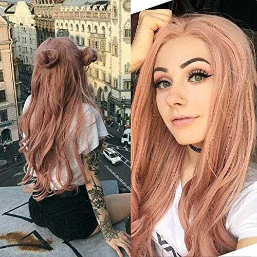 Lady Miranda 28" Peach Pink Lace Front Wigs Pure Color Middle Part Long Natural Wavy Hand Tied Heat Resistant Synthetic Wigs For Women (Orange Pink)