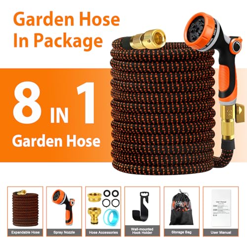 SKYAYA 100FT Expandable Garden Hose Pipe, Flexible Hosepipe for Lawn Expanding Retractable with 10 Function Spray Gun Nozzle, Magic Water Hose Attachments 3/4"& 1/2" Solid Brass Connectors, Anti-Kink