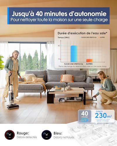 Tineco Floor One Stretch S6 Vacuum Cleaner, Powerful Intelligent Wet and Dry Vacuum Cleaner, Flat 180°, Two-Edge Cleaning, Flashdry Self-Cleaning at 70°C in 5 Min, 40 Min Autonomy