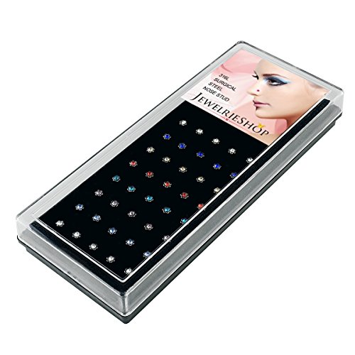 JewelrieShop Nose Studs Rings 40Pcs 22G Nose Piercing Set with Multicolor Flower Crystals