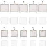 SUNNYCLUE 1 Box 20Pcs Pendant Tray Set Blank Bezel Pendant Trays Stainless Steel Charm Blanks Cabochon Settings Cabochon Bezels for Jewelry Making DIY Findings Supplies