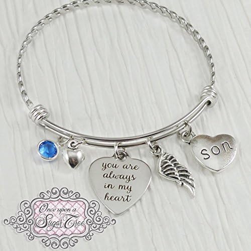 You are always in my heart bracelet, Memorial Jewelry, Bangle Bracelet, Expandable Charm bracelet, Angel Wing Jewelry for Woman, Remembrance Stones, Loss of son jewelry