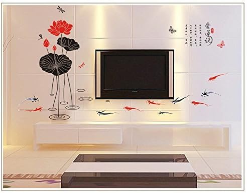 Thostore Chinese Famous Poem with Lotus Flowers and Fish Red and Black Wall Decor Decals