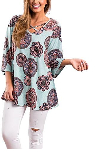 LISTONE Women V Neck Lace Up Floral Print 3/4 sleeve causal blouse tops blue M