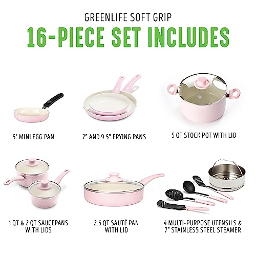 GreenLife Soft Grip Healthy Ceramic Nonstick 16 Piece Kitchen Cookware Pots and Frying Sauce Saute Pans Set, PFAS-Free with Kitchen Utensils and Lid, Dishwasher Safe, Soft Pink