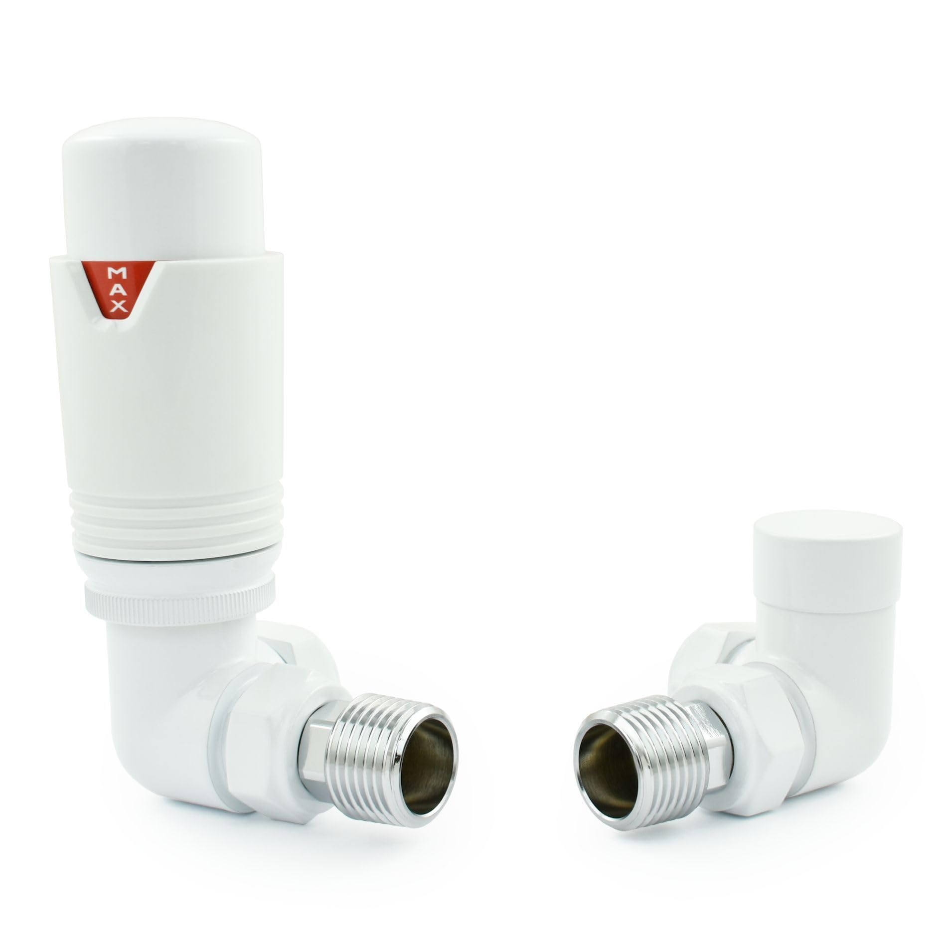 Hot Flow All-White Estuary Corner TRV Thermostatic Radiator Valve (Pair) Includes Corner TRV Body, Wheel Head & Lock Shield for Quick & Easy Temperature Control. Perfect for Energy Saving.