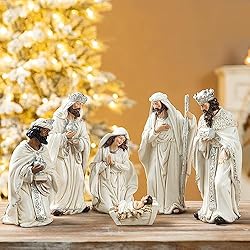 glitzhome 6Pcs Ivory Resin Nativity Figurines Sets