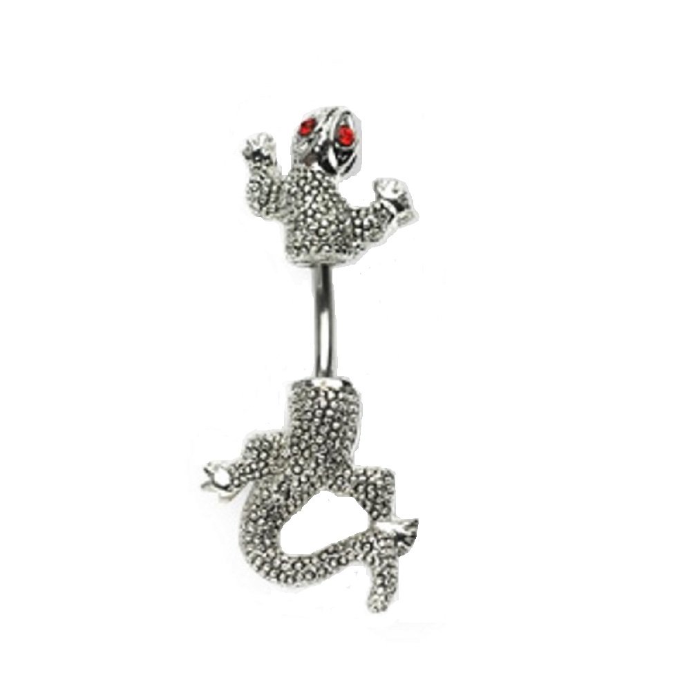 PiercedOff 316L Surgical Steel Chameleon Belly Bar with Red CZ Eyes - Length 10mm