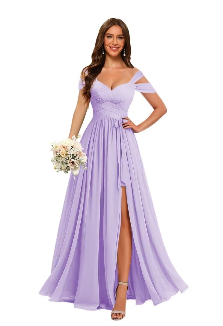 Photo 1 of *Minor Damaged - Check clerk notes*
Stylefun Lilac Off Shoulder Bridesmaid Dresses 2025 for Women Chiffon Ruched Long Formal Dresses with Belt US4