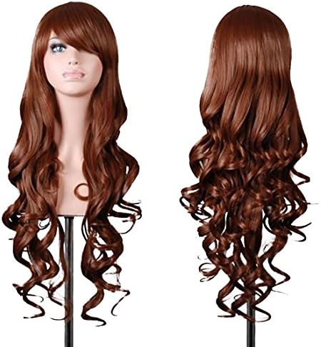 Wigood 32" Brown Long Curly Hair With Side Blunt Bangs COS Anime Wig For Women(Brown)