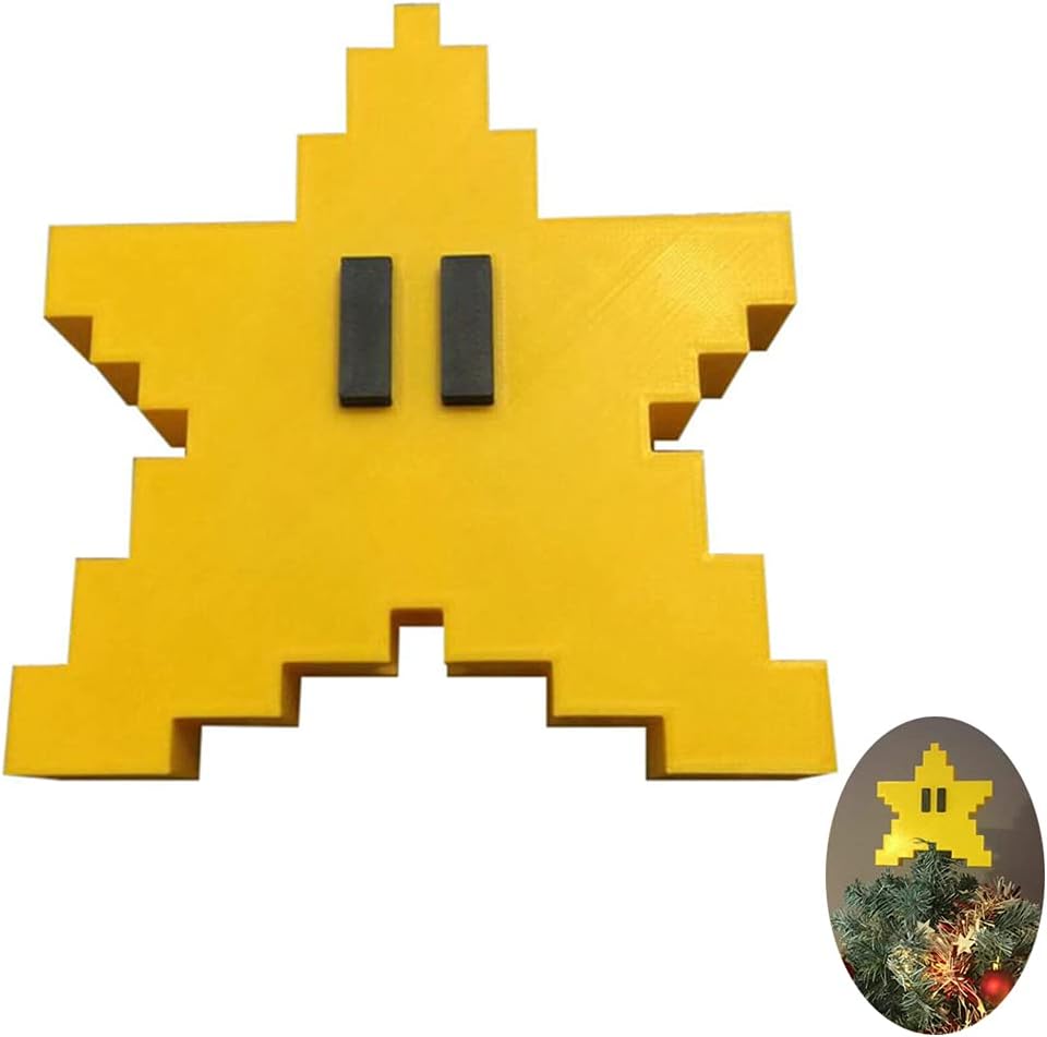 Tree Toppers - YNC Star Tree Topper for Christmas,Retro Super Mario Star Unique Design 3D Pixel Style ,Rustic high-end Outdoor Decoration,Funny Christmas Tree Toppers-Yellow