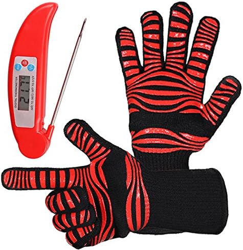AcmeSoy BBQ Grill Gloves Set- Heat Resistant 932℉Cooking Oven Mitts + Digital Meat Thermometer Probe – for Grilling, Barbecue( 1 pair)