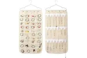 Idearsen Hanging Jewelry Organizer Bag (40-Pockets) & 20 Magic Tape Hook Storage Bag Closet Storage for Portable Travel, Ring