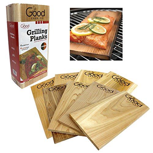 Good Cooking Grilling Planks - Outdoor Barbecue Smoking Grill Planks Variety Pack - Set of 8 (4 Alder, 4 Cedar) - Thicker for Longer Use