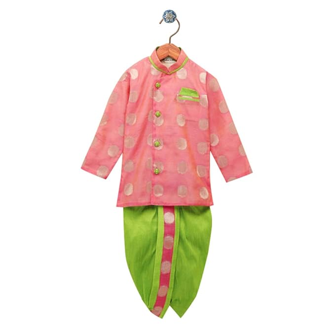 Bownbee By Hopscotch Baby Boys Chandaria Brocade Brocade Sherwani Style Dhoti Kurta In Pink Color