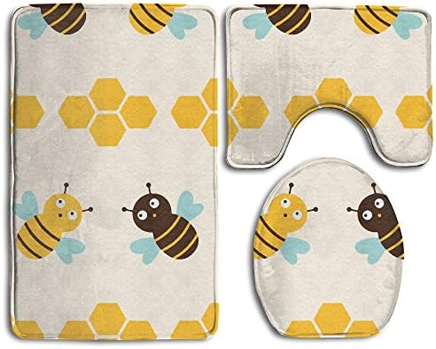Cute Bee Wallpaper 3 Piece Bath Rug Set Bathroom Rug Large Contour Mat With Lid Cover Washable Mat