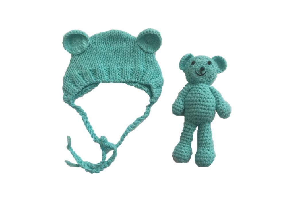 Newborn Baby Crochet Knit Costume Photography Prop Baby Bear Hat and Doll Set (Blue), One Size