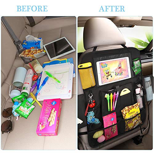 Car Backseat Organizer-2 Pack Universal Car Seat Back Protectors Kick Mats with 12 Storage Pockets, Car seat Organizer for Kids Baby Toy Tissue Bottle Vehicle Travel Accessories + 2 Car Headrest Hook - Thumbnail 4