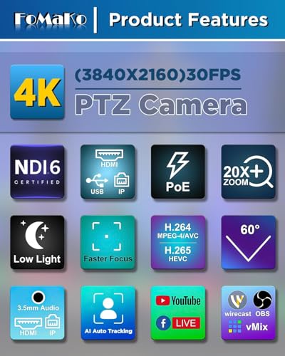 FoMaKo 4K PTZ NDI HX3 20x Optical Zoom AI Automatic Tracking Camera with HDMI/USB3.0/LAN(PoE) for Religious Service, Education, Video Conferencing, Youtube OBS Streaming, NDI License Included (K20UH)