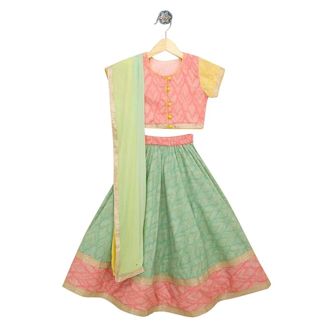 Kids Chakra By Hopscotch Girls Cotton All Over Printed Lehengas And Blouses Set With Dupatta in Multi Color
