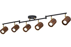 BISAMIYA Modern 6-Light Track Lighting, 47 inch, Real Wood Adjustable Light Heads, Brass Accent, Matte Black Ceiling Track Lights for Dining Room, Living Room, Kitchen