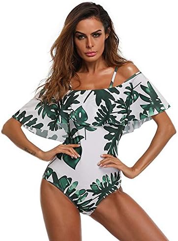MLCHNCO Women Onepiece Swimsuit Off Shoulder Ruffled Flounce Bikini Monokini Bathing Suit S-XXL (XL, Green)