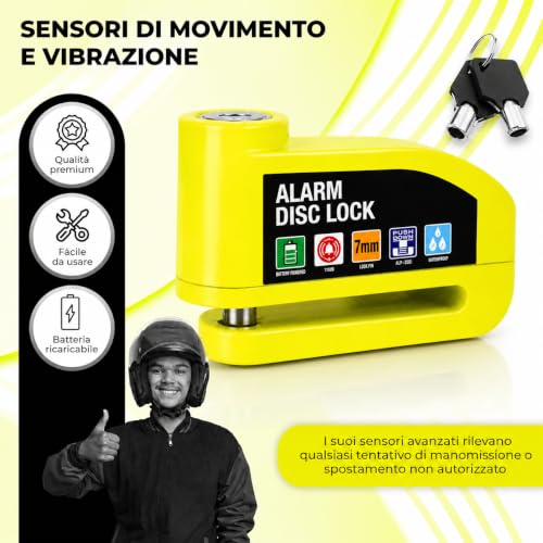 Hiridi - Bloccadisco Moto Lucchetto Moto Antifurto con Allarme Sonoro 110DB Sensori Movimento - Impermeabile Resistente - Blocco Pressione 7mm con Accessori - 1,5 m Cavo Promemoria - Lucchetto Borsa.