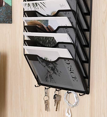 Mesh Wall File Holder Organizer with 10 Pockets and Key Hooks - Black