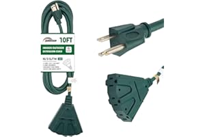 HONDERSON 10FT Outdoor Extension Cord with 3 Electrical Power Outlets - 16/3 SJTW Durable Green Cable with 3 Prong Grounded Plug for Safety,Great for Outdoor Christmas Decorations