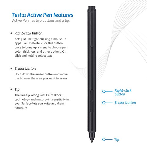 Surface Pen,tesha Surface Pen for Microsoft Surface Pro, Surface Pro 4, Surface Pro 3, Surface Laptop, Surface Studio, Surface Book, 1024 Levels of Pressure Sensitivity with Eraser - Black