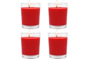 BERYSCEN Set of 4 Red Votive Candles, Clear Glass Filled Unscented Soy Wax Candle for Home Décor Weddings Spa Holidays Party and DIY