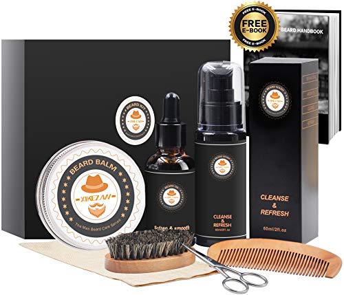 Upgraded 7 in 1 Beard Growth Grooming Kit w/Beard Shampoo/Wash Softener+Unscented Beard Conditioner Oil+Beard Butter Balm+Brush+Mustache Scissor+Storage Bag by XIKEZAN