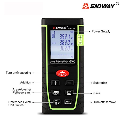 SNDWAY SW-T40 40M 131FT Laser Distance Meter Digital Diastmeter Laser Range Finder Meter Area Volume Measure Tool with LCD 4 Line Display