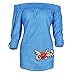 Womens Blue Jean Off Shoulder Floral Embroidery Loose Denim Top Shirt Blouse, Denim Blue, X - Large