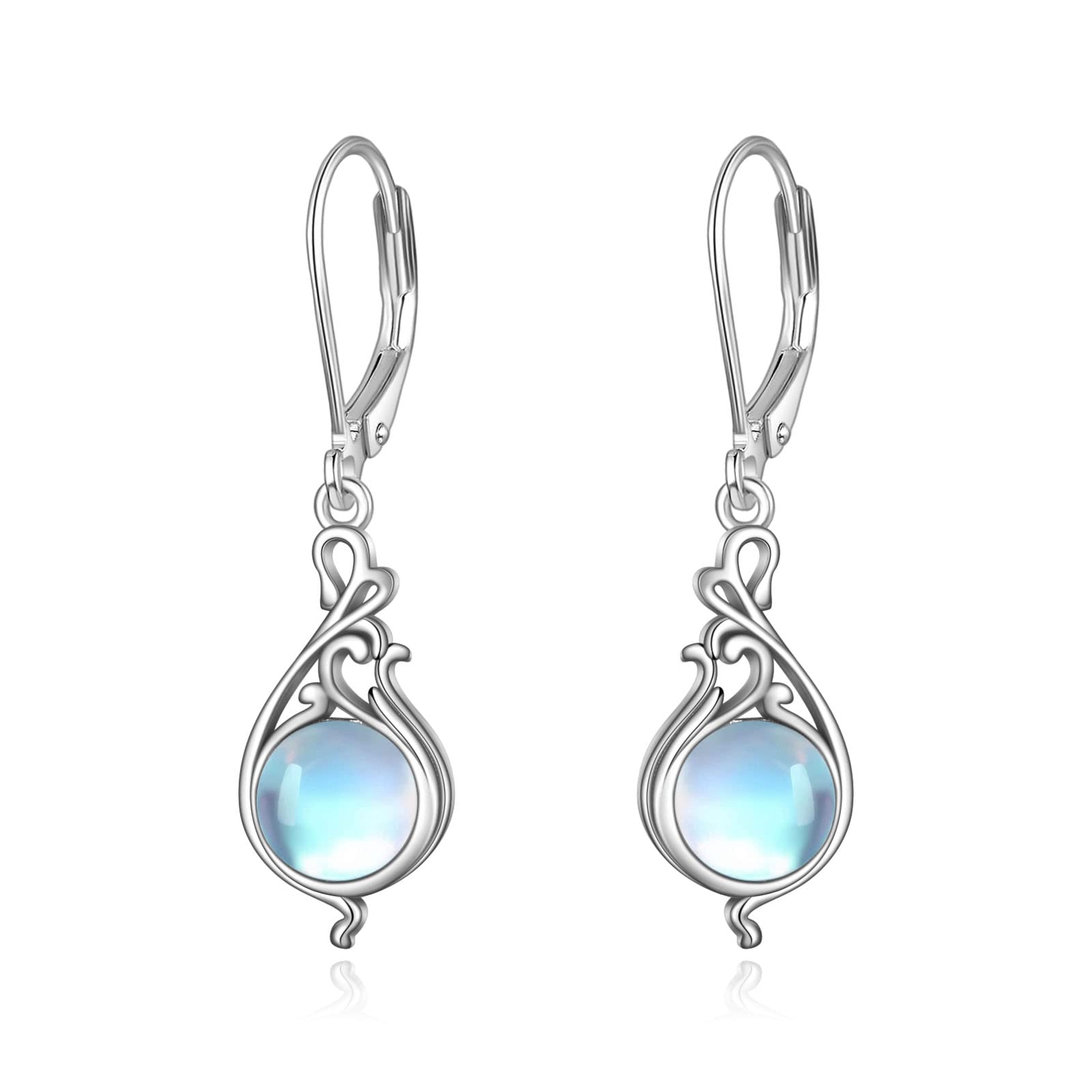 Moonstone Filigree Leverback Earrings for Women S925 Sterling Silver Moonstone Filigree Drop Dangle Earrings