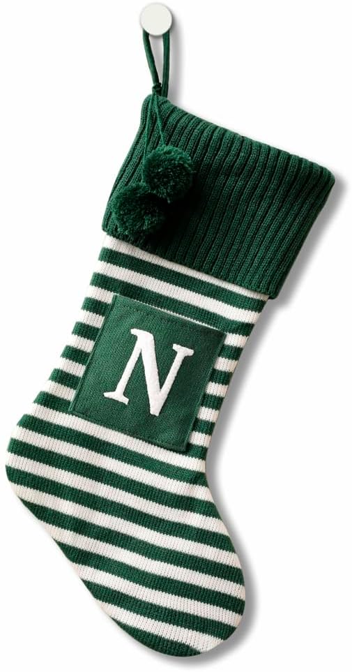 Stockings & Holders - CRSMHLPK 20 Inches Initial Christmas Stocking Monogram Striped Christmas Stocking red Green with White Embroidered Letter Christmas decorations-01-N-Green