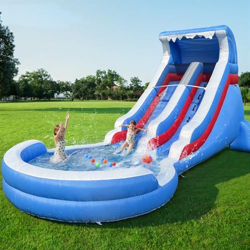 22FT Inflatable Grade Water Slide for Kids with Big Splash Pool, Heavy Duty Blue Kids Water Park with 550W Blower（Enhanced Version）, Wet & Dry Use Outdoor Bounce House for Backyard Summer Party