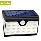 Hallomall USB Solar Lights, 28LED 300Lumens Max Outdoor Wall Lights with 3LEDs Both Sides, Ultra Bright Motion Sensor Lights Wide Angel Design for Patios, Stairways, Garden &More, 3 Modes