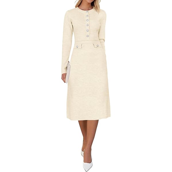 chouyatou Women's Fall Gold Button Formal Cocktail Sweater Dress Fit and  Flare Midi Long Winter Knit Dress (Small, Beige) at Amazon Women's Clothing  store