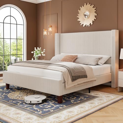 Jocisland Queen Size Upholstered Platform Bed Frame, 50.8" Corduroy Bed Frame with Wingback Headboard Vertical Tufted, Solid Wood Legs, No Box Spring Needed, Beige