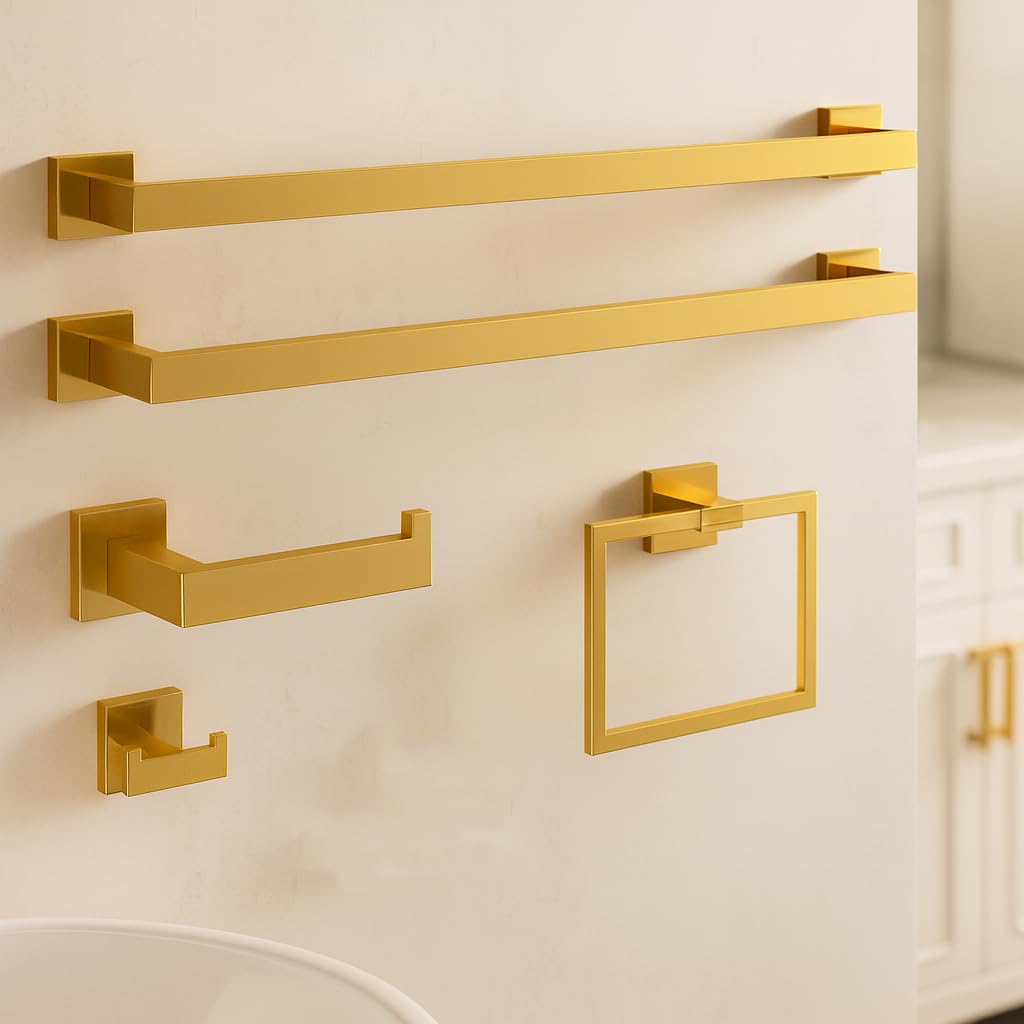 Photo 1 of INDARE 5-Piece Bathroom Hardware Set? Brushed Gold Bathroom Accessories 304 Stainless Steel? Including 23.8 inch Bath Towel Bar*2, Double Towel Hook, Toilet Paper Holder, and Towel Ring