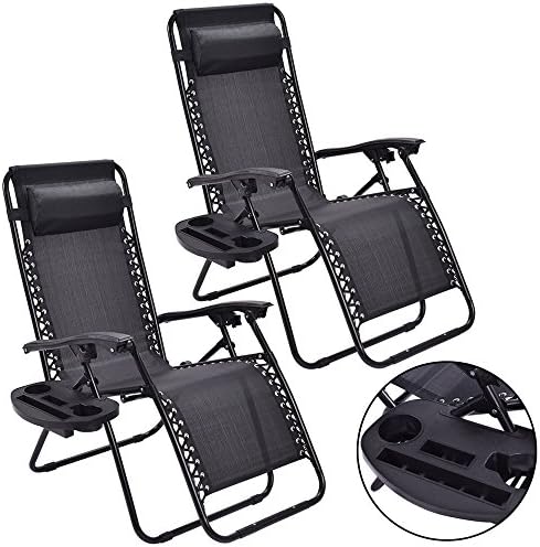 FastOnlineDirect 2 Oversized Zero Gravity Folding Lounge Recliner Chair with Pillow and a BONUS Cup Holders Reclining Beach Chairs
