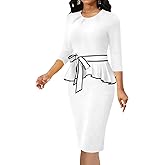 Women's Vintage Church Bodycon Pleated Crew Neck Work Midi Pencil Dress