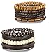 FIBO STEEL 8Pcs Leather Bracelets for Men Women Wooden Bead Bracelet Cuff Elastic,C