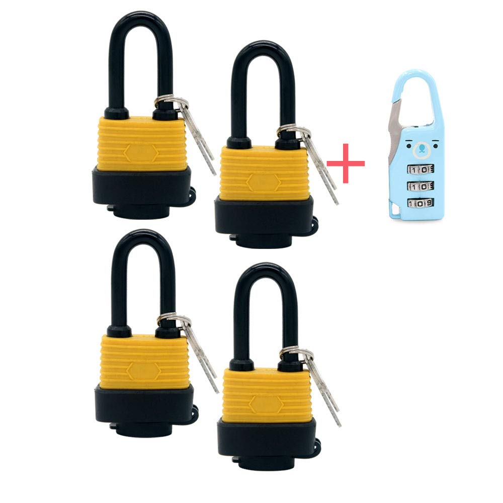Set of 4 padlocked, 2" Body Width, Weatherproof Outdoor Padlock, 8 Keys Included (Send Lock 1) (Long Beam)