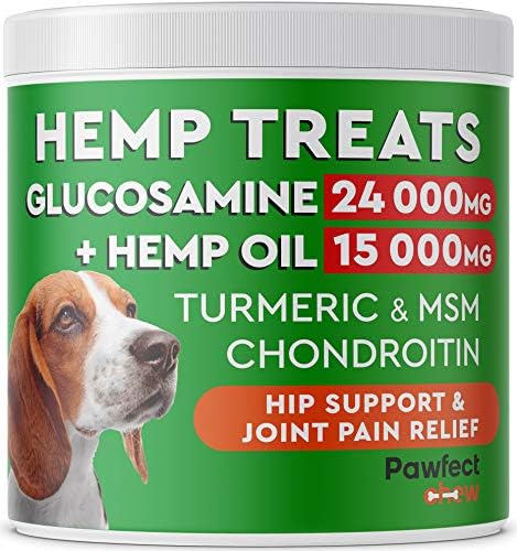 Pawfectchow Hemp + Glucosamine Treats for Dogs – Made in USA Hip & Joint Supplement w/Hemp Oil Chondroitin MSM Turmeric – Natural Pain Relief – All Breeds Sizes – 120 Soft Chews