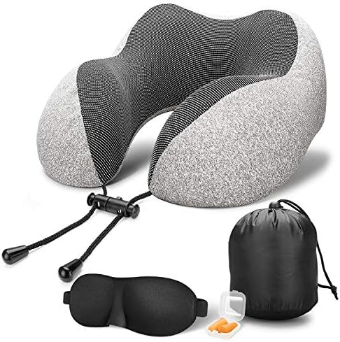 Travel Pillow 100% Pure Memory Foam Neck Pillow, Comfortable & Breathable Cover,Machine Washable,Super Soft Pillow,Airplane Travel Kit with 3D Contoured Sleep Masks,Earplugs and Reusable Bag,Grey